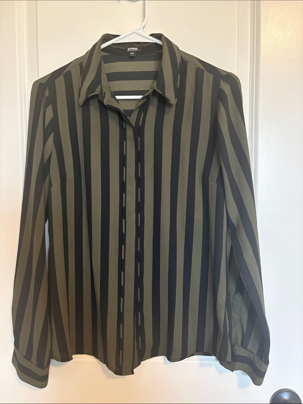 Express Olive and Black Striped Button-Down Shirt